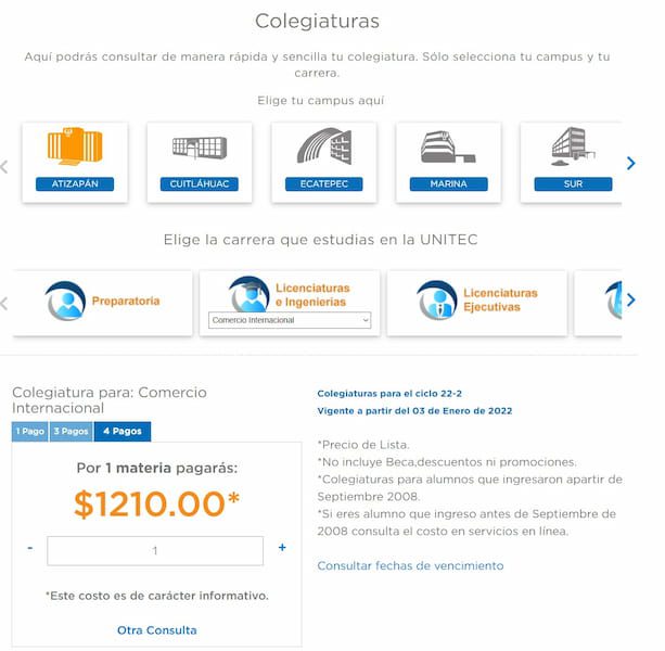 cuanto cuesta la mensualidad de unitec